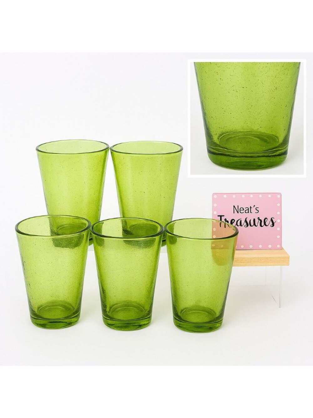 Hand-Blown Weighted Base Flared Artisan Mexico Lime Green Glass Tumbler Set of 5